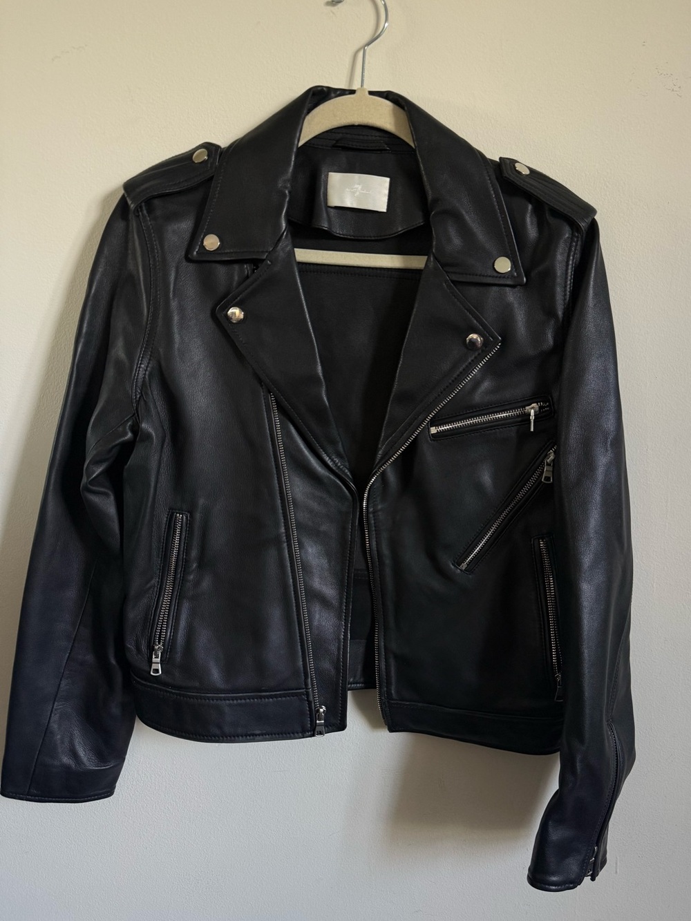 7 For All Mankind Zipper Leather Moto Jacket In Jet Black Medium - Picture 4 of 6